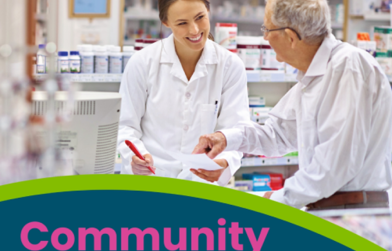 Image of a pharmacist and patient in a pharmacy setting. Words 'Community Pharmacy' written on a blue background