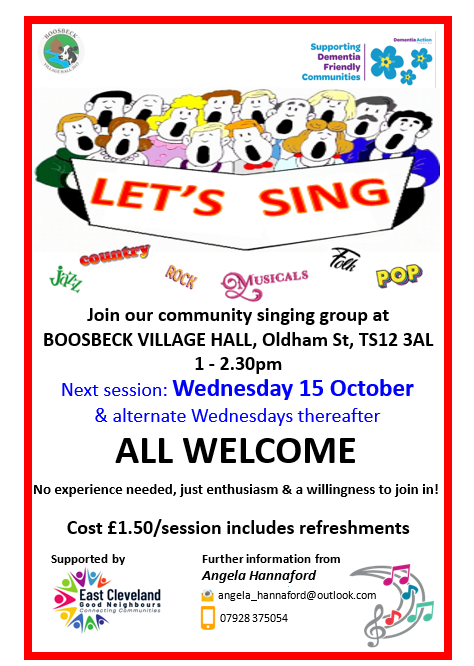Lets Sing poster.  Join our community singing groups at Boosbeck Village Hall, Oldham Street.  Every 2 Wednesday starting 24 Nov 2025 1-2.30pm