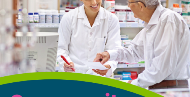 Image of a pharmacist and patient in a pharmacy setting. Words 'Community Pharmacy' written on a blue background