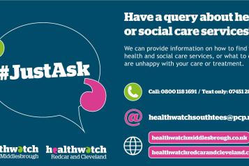 #JustAsk postcard with log's and contact details and how Healthwatch can help
