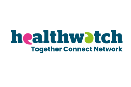 Healthwatch Logo in blue, with Together Connect Network written below in blue
